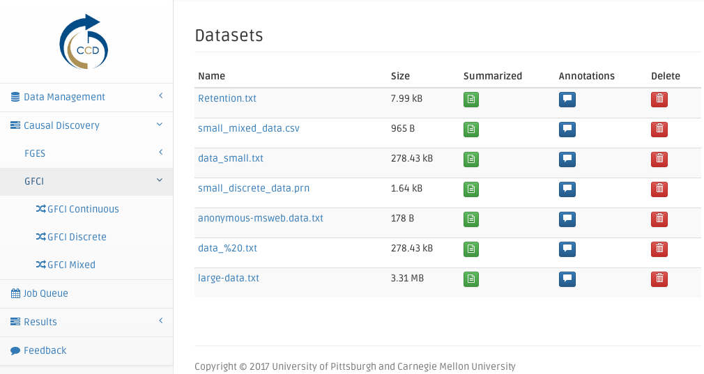 Causal Discovery Algorithms Menu Page - GFCI