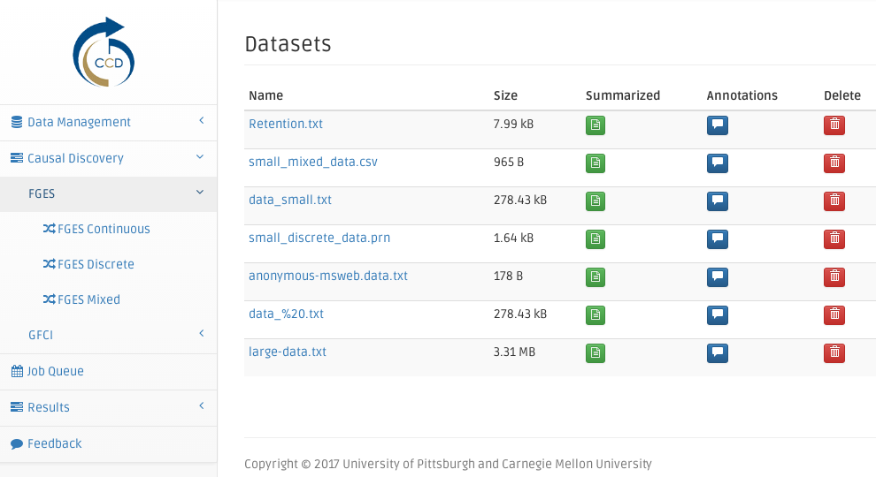 Causal Discovery Algorithms Menu Page - FGES