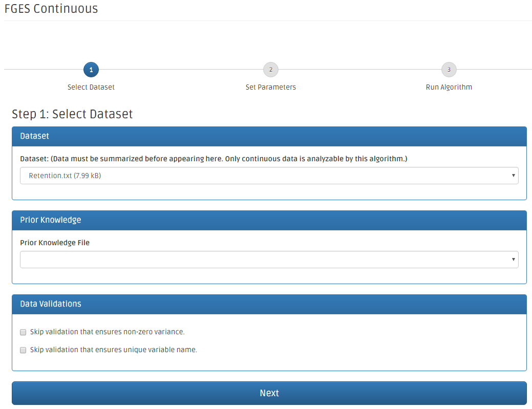 FGES Algorithm Step One Menu Page